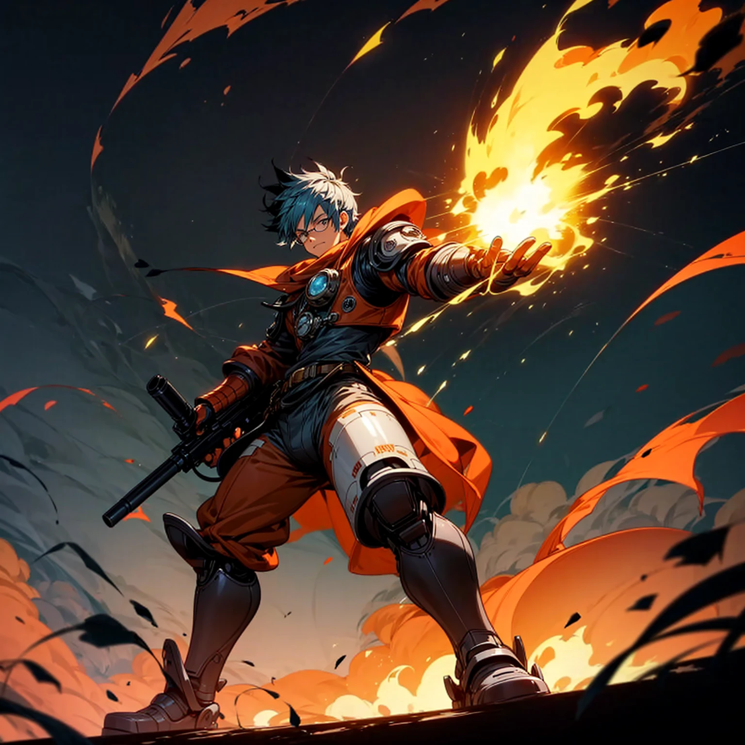 1boy, Full body version, 1character, black eyes color, tan skin, shortcut hairstyle, light blue colour hair, Glasses, streetwear style clothing, boots, Grassroots background in field city, motion blur, shadow, robot gun in hand, evolution mixed with robotics on the body, robotic hands, many items on the body, full robotic armor, smoke effects, fire effects, fire light silhouettes, fires, explosions, masterpieces, ultra HD, (one piece style art)