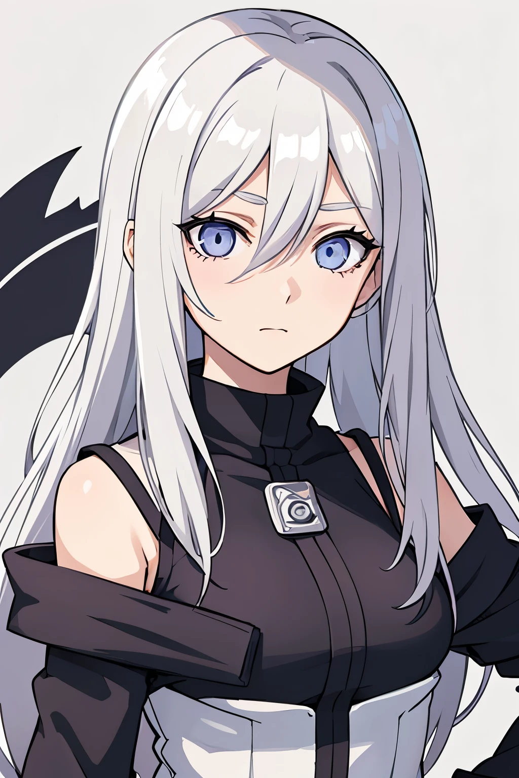 (high-quality, breathtaking),(expressive eyes, perfect face) portrait, Symmetrical Eyes, 1girl, female, solo, ager, short height, white hair, white coloured eyes, byakugan, anime naruto art style, long hair, fluffy hair, feminine face, grey background, detailed eyes, hyuga, Ōtsutsuki, naruto ninja attire, neutral expression, soft smile, purple and black clothing, white trim, long sleeves, white dress, hair between eyes, bare shoulders, jacket
