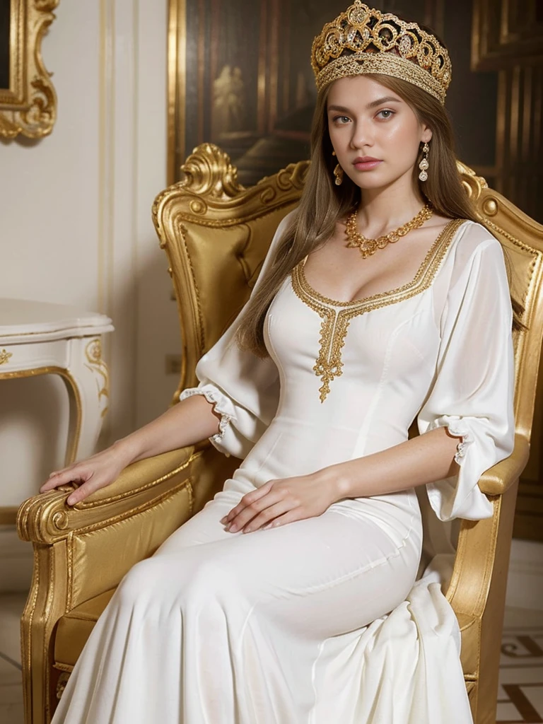 Daughter of a Russian noblewoman during the reign of Catherine II, (Russian noble costume, White Formal long dress, gorgeous noble dress, white Elbow grove: 1.3), sitting pose , on Chair ,in palace, Front view , looking at viewer, Russian girl, 18 age old, ((Blond hair:1.3), middle hair , wince, Gray eyes, beautiful lip, serious), gold crescent earrings, gold neckless, (big breasts, slender whist, wide hip, real public hair, corrected pussy and anal) , textured skin , HI detailed skin, (foreshortening, Canon, anatomically correct, super detail, high details, highness,