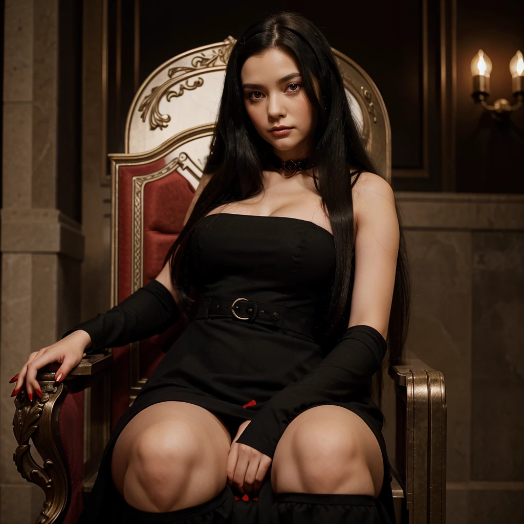 Woman sitting on the throne with red and black dress and black hair with red eyes and long hair