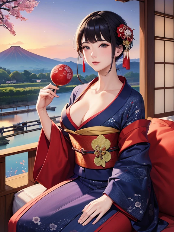 (Highest quality、masterpiece、High resolution、8K)、Vibrant colors、Ukiyo-e、Utamaro、Kimono Beauty、river、Mount Fuji in the distance、Japanese Landscape、Official Art、