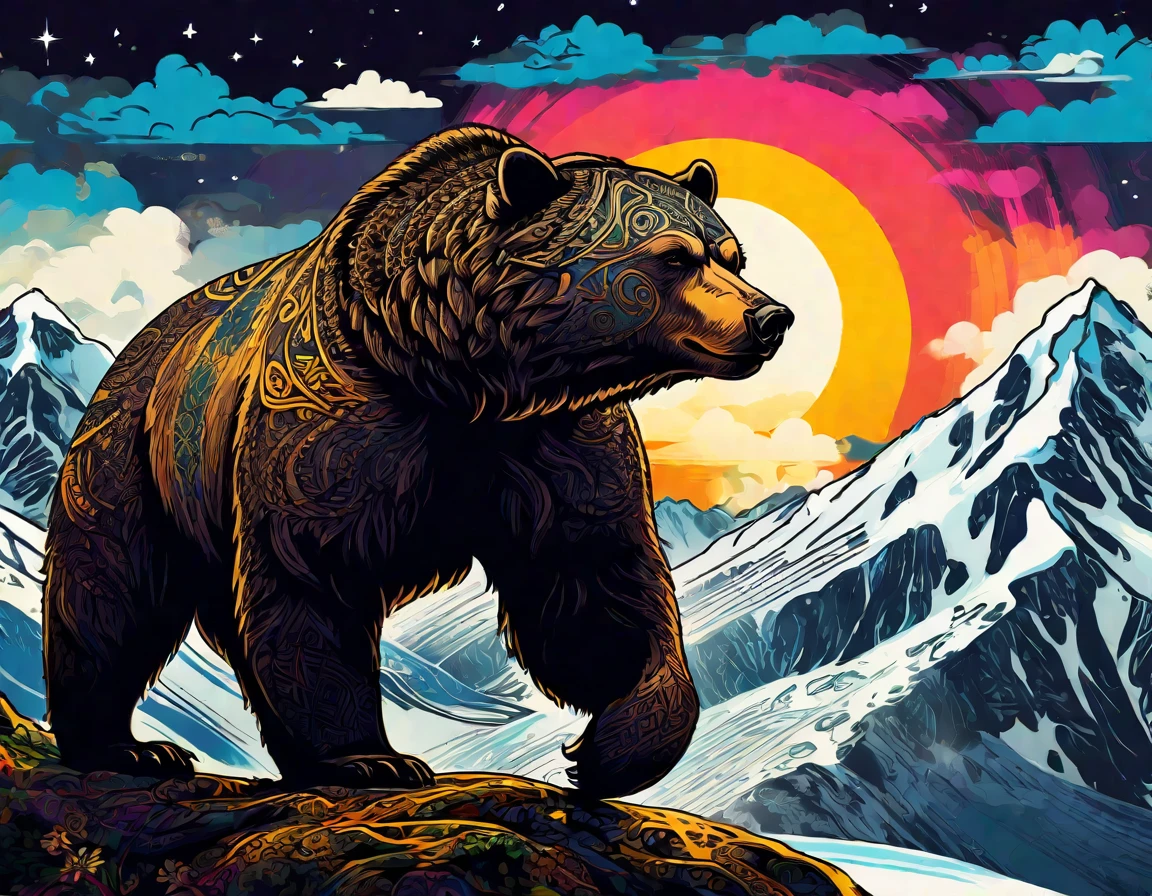 A bear and a star, Inspired by Norway, Celts Norwegians Franks, Aesthetics of Vikings and Templars, Scandinavian / Influenced by Norway, Inspired by Þórarinn B. Orlaksson, Norse gods, Fenrir, Celtic symbols, Viking Runes, Rune tattoos on the face, Rune tattoo desert landscape with mountains and sun, Psychedelic landscape, Psychedelic acid trip, Psychedelic artwork, Psychedelic lsd, Psychedelic trip, Psychedelic Art, Psychedelic ski resort, Psychedelic visuals, : Psychedelic ski resort, Psychedelic painting, Psychedelic视觉效果, Psychedelic fever dream, LSD Trip, Psychedelic art, Psychedelic, hallucinatory art, Psychedelic waves, extremely Psychedelic experience, 