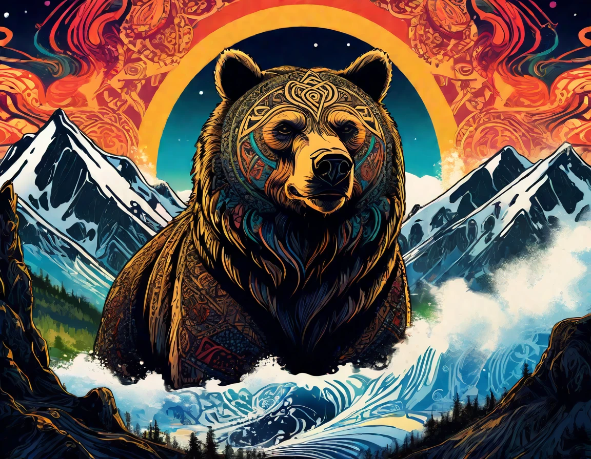 A bear and a star, Inspired by Norway, Celts Norwegians Franks, Aesthetics of Vikings and Templars, Scandinavian / Influenced by Norway, Inspired by Þórarinn B. Orlaksson, Norse gods, Fenrir, Celtic symbols, Viking Runes, Rune tattoos on the face, Rune tattoo desert landscape with mountains and sun, Psychedelic landscape, Psychedelic acid trip, Psychedelic artwork, Psychedelic lsd, Psychedelic trip, Psychedelic Art, Psychedelic ski resort, Psychedelic visuals, : Psychedelic ski resort, Psychedelic painting, Psychedelic视觉效果, Psychedelic fever dream, LSD Trip, Psychedelic art, Psychedelic, hallucinatory art, Psychedelic waves, extremely Psychedelic experience, 