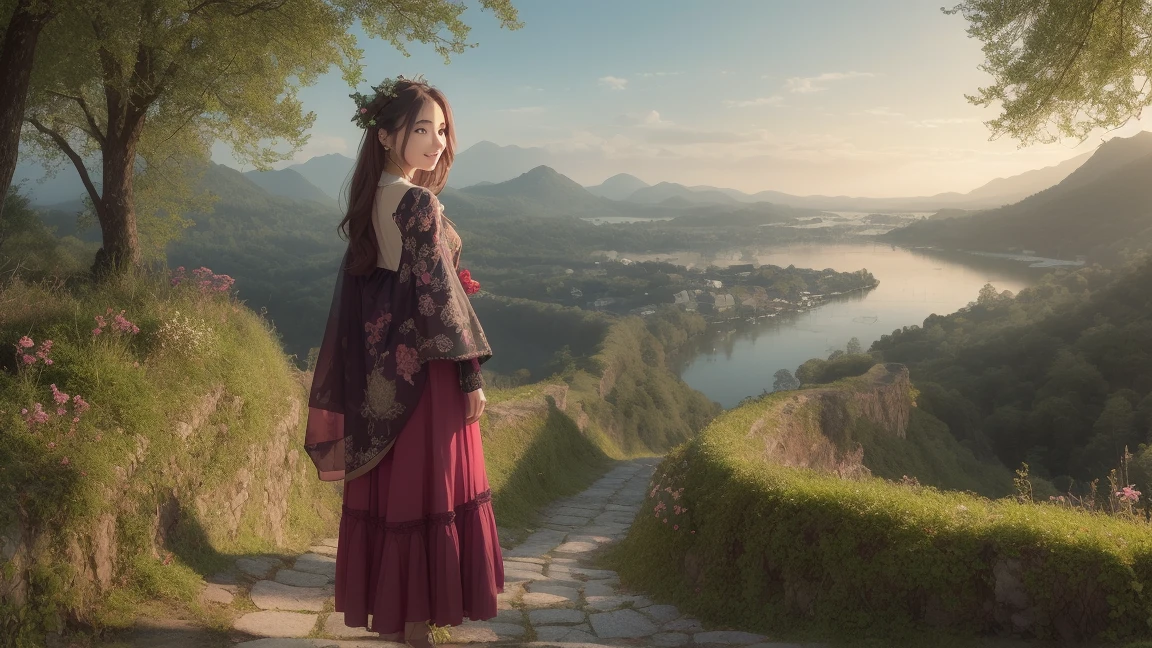 In the fantasy world、A beautiful 18-year-old girl with big headphones、Stand so that your face is clearly visible。She has long flowing hair and bright eyes、Smiling kindly。She wears an elegant and mysterious outfit adorned with intricate designs。In the background、Floating Island、Enchanting forest、Depicts a magical landscape with a shining mystical sky。The girl is standing on the cobblestone road、The calm and dreamy look blends perfectly into the enchanting landscape.。