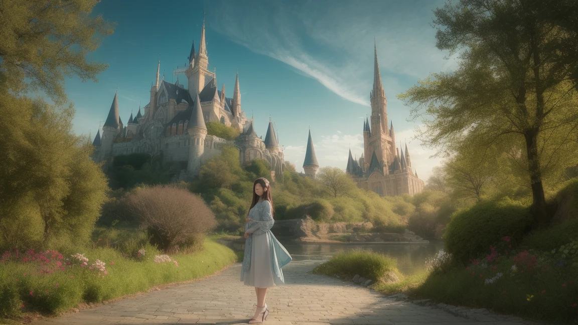 In the fantasy world、A beautiful 18-year-old girl with big headphones、Stand so that your face is clearly visible。She has long flowing hair and bright eyes、Smiling kindly。She wears an elegant and mysterious outfit adorned with intricate designs。In the background、Floating Island、Enchanting forest、Depicts a magical landscape with a shining mystical sky。The girl is standing on the cobblestone road、The calm and dreamy look blends perfectly into the enchanting landscape.。