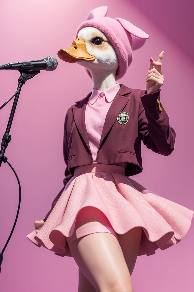 Pink skirt duck animal, in front of a pink background, holding a microphone