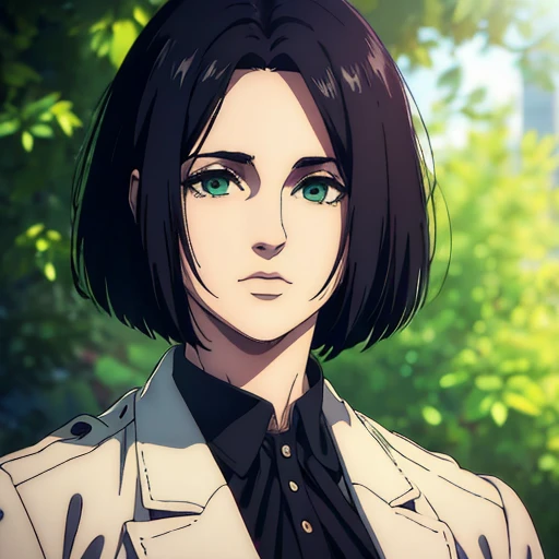 best quality,4k,8k,highres,masterpiece:1.2),ultra-detailed,(realistic,photorealistic,photo-realistic:1.37), a woman, mappa art style, has raven-black hair color, his hair are very bob cut , detailed small light green almond-shaped eyes , she looks handsome, she is fair, she is wearing white coat , vibrant color