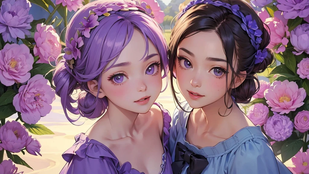 ((Best image quality, 8K, masterpiece:1.3)), 1 cute playful girl, Smart beauty with slim abs:1.3, (Casual Hairstyles, Wearing purple flowers on her head,Above the shoulders:1.2), Purple Dress:1.1, Ultra-fine face, Detailed eyes, double eyelid,smile,Wear a purple peony on your head,Quiet and pure sky background,のAbove the shouldersの部分のクローズアップ!