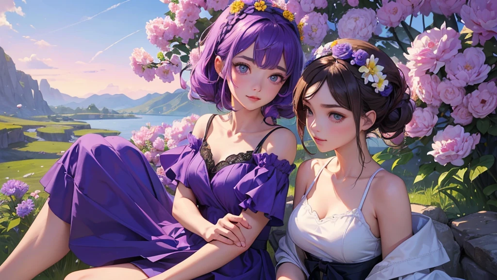 ((Best image quality, 8K, masterpiece:1.3)), 1 cute playful girl, Smart beauty with slim abs:1.3, (Casual Hairstyles, Wearing purple flowers on her head,Above the shoulders:1.2), Purple Dress:1.1, Ultra-fine face, Detailed eyes, double eyelid,smile,Wear a purple peony on your head,Quiet and pure sky background,のAbove the shouldersの部分のクローズアップ!