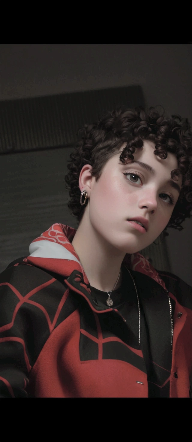 there is a young girl in a red and black jacket, an epic non-binary model, short curly brown hair, piercings