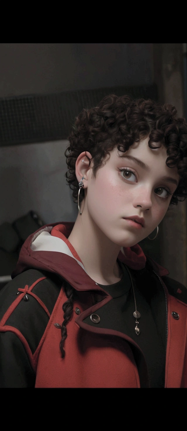 there is a young girl in a red and black jacket, an epic non-binary model, short curly brown hair, piercings