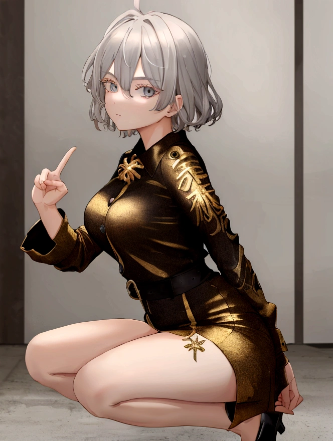 ((Highest quality)), ((masterpiece)), (detailed), One girl, sexy　short hair　squat　Extend one hand and make a peace sign　Touching ear with one hand　Gray Hair