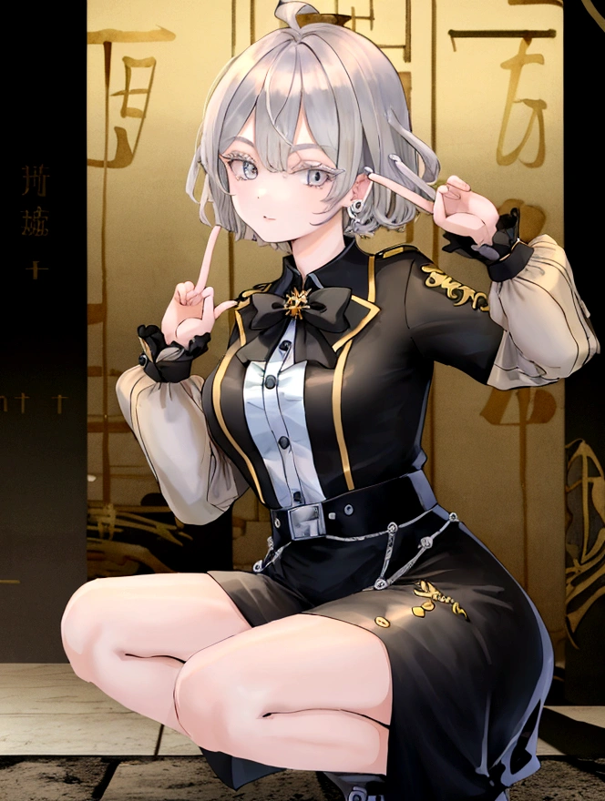 ((Highest quality)), ((masterpiece)), (detailed), One girl, sexy　short hair　squat　Extend one hand and make a peace sign　Touching ear with one hand　Gray Hair