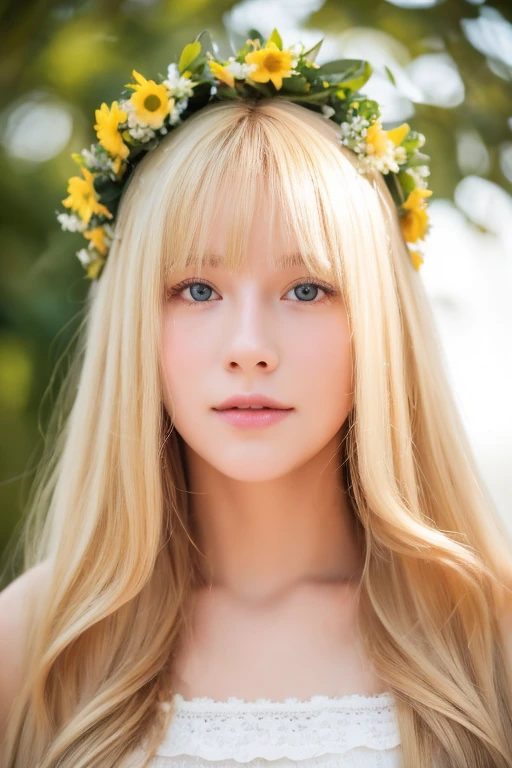 Ultra-high resolution, Highest quality, photograph, 4K, (Realistic:1.4), Girl with a wreath on her head, Long blonde hair