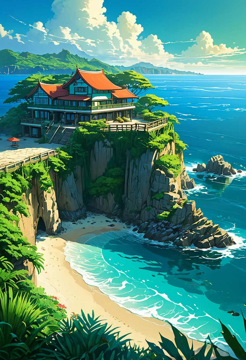 oceanが目の前の景色、tropical zone、ocean、ocean岸、cliff、bungalow、Complex、Turquoise、Emerald green、Sun light、water surface、rock、cloud、blue sky、summer、Paradise、beautiful、Vivid、nature、journey、vacation、beautiful animated landscape, Landscape painting, faro, beautifulデジタル絵画, Andreas Rocha, beautifulアートワークのイラスト, awesome wallpapers, Raymond Han, 背の高いbeautiful絵画, スタジオグリブリー 新ocean誠, beautiful壁紙, animated landscape
