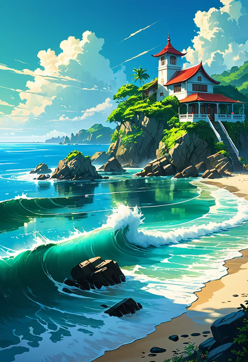 oceanが目の前の景色、tropical zone、ocean、ocean岸、cliff、bungalow、Complex、Turquoise、Emerald green、Sun light、water surface、rock、cloud、blue sky、summer、Paradise、beautiful、Vivid、nature、journey、vacation、beautiful animated landscape, Landscape painting, faro, beautifulデジタル絵画, Andreas Rocha, beautifulアートワークのイラスト, awesome wallpapers, Raymond Han, 背の高いbeautiful絵画, スタジオグリブリー 新ocean誠, beautiful壁紙, animated landscape
