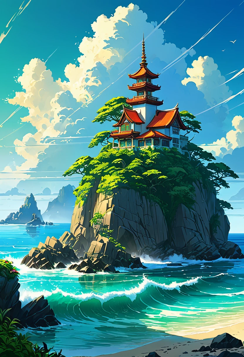 oceanが目の前の景色、tropical zone、ocean、ocean岸、cliff、bungalow、Complex、Turquoise、Emerald green、Sun light、water surface、rock、cloud、blue sky、summer、Paradise、beautiful、Vivid、nature、journey、vacation、beautiful animated landscape, Landscape painting, faro, beautifulデジタル絵画, Andreas Rocha, beautifulアートワークのイラスト, awesome wallpapers, Raymond Han, 背の高いbeautiful絵画, スタジオグリブリー 新ocean誠, beautiful壁紙, animated landscape