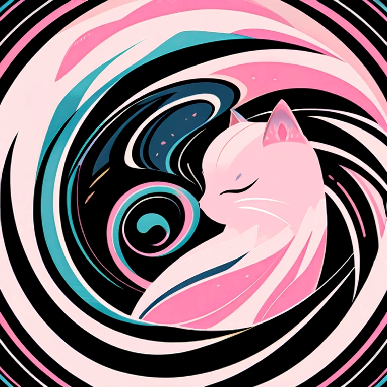 Cat in art, Main color Black, Secondary color cyan, Pastel pink background, artistic, Sophisticated, Warm style, Shapes include abstract cats, Playful forms, Elegant piece, Textures include fur textures, Smooth paint, Fabric texture, The lines contain graceful lines, Natural curves, Delicate silhouette, The shape is elegant, approachable, Expressive, Aesthetic.