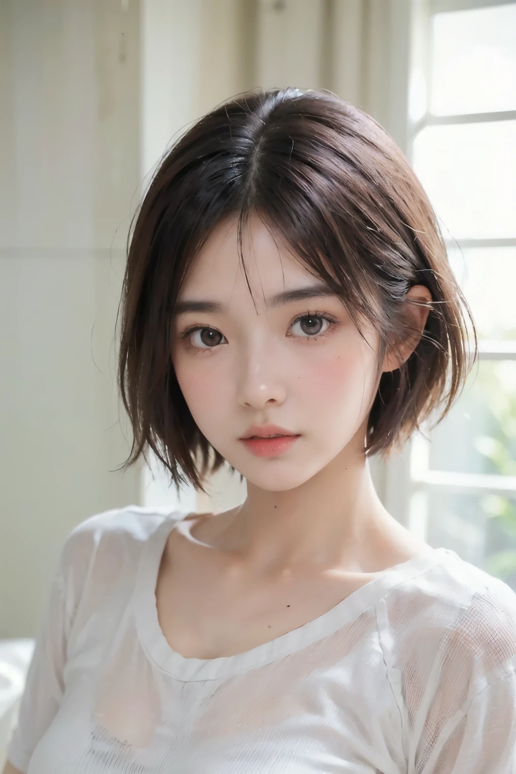 ((Highest quality, 8K, masterpiece :1.3)), 1 girl:1.3, (short hair,Black lace bra,((A thin white crew neck shirt wet with sweatＴshirt)),((BraＴshirtの裏から透けて見える)) :1.2 ,Highly detailed face, Beautiful Eyes, double eyelid,Cute face,(Realistic Face),(Realistic Skin),Beautiful breasts,half Japanese and half European,Innocent face
