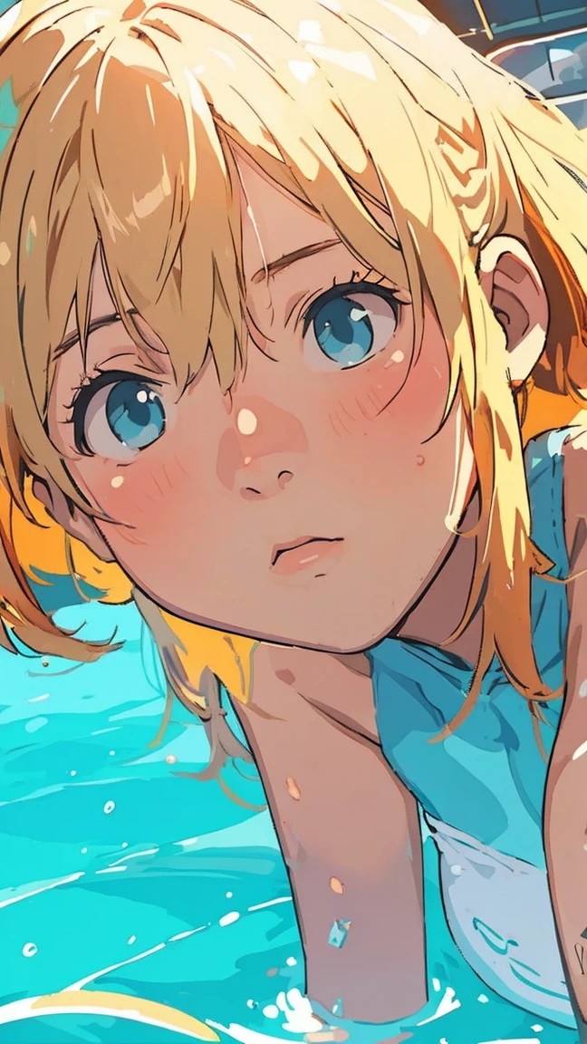 {{Small boat tide}}, {Daylight Saving Time Rendering}, Shining sky blue eyes, Long blonde hair, Medium Chest, Blue one piece swimsuit, Expose your shoulders, barefoot, School Swimsuit, Inside the shell, (上面shape:1.2),(A face waiting for a kiss:1.3), (blush:1.5), One Girl, alone,so beautiful, Highest quality, Great quality, curated, shape, Very detailed, Anime Coloring,close up face BREAK Very detailed, Official Art