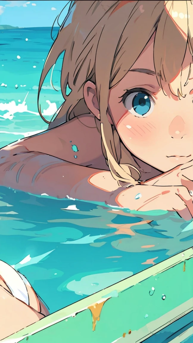 {{Small boat tide}}, {Daylight Saving Time Rendering}, Shining sky blue eyes, Long blonde hair, Medium Chest, Blue one piece swimsuit, Expose your shoulders, barefoot, School Swimsuit, Inside the shell, (上面shape:1.2),(A face waiting for a kiss:1.3), (blush:1.5), One Girl, alone,so beautiful, Highest quality, Great quality, curated, shape, Very detailed, Anime Coloring,close up face BREAK Very detailed, Official Art