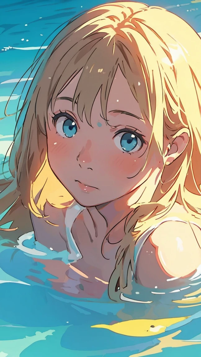 {{Small boat tide}}, {Daylight Saving Time Rendering}, Shining sky blue eyes, Long blonde hair, Medium Chest, Blue one piece swimsuit, Expose your shoulders, barefoot, School Swimsuit, Inside the shell, (上面shape:1.2),(A face waiting for a kiss:1.3), (blush:1.5), One Girl, alone,so beautiful, Highest quality, Great quality, curated, shape, Very detailed, Anime Coloring,close up face BREAK Very detailed, Official Art