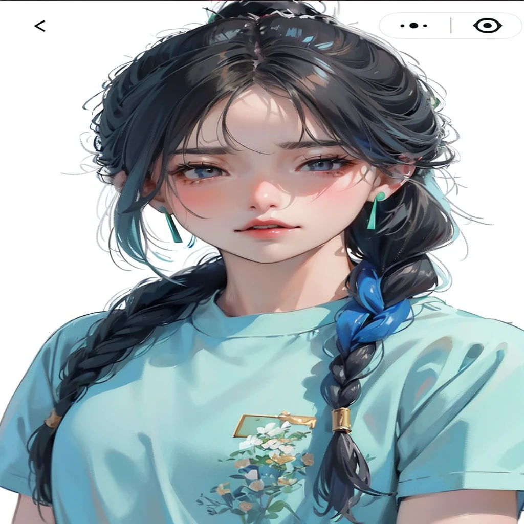 Hayao Miyazaki a girl,Bangs,Exquisite facial features,(Blue-gray hair tied high),(A twisted braid on each side of the top of the head),Brown eyes,eyelash,Red lips,Looking at the audience,make up,portrait,(Glowing skin),pure,独奏,((Delicate green T-shirt)),((Delicate green earrings)),cute,Simple background,White background,(masterpiece:1.4),(Best quality:1.4)Full avatar,(Background white space,The composition is perfect),Fashion Girl,whole body