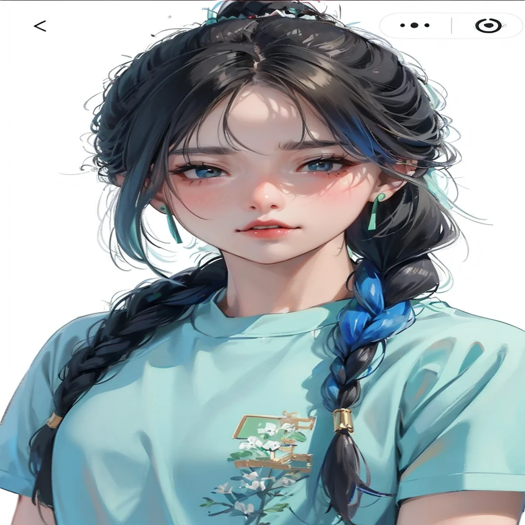 Hayao Miyazaki a girl,Bangs,Exquisite facial features,(Blue-gray hair tied high),(A twisted braid on each side of the top of the head),Brown eyes,eyelash,Red lips,Looking at the audience,make up,portrait,(Glowing skin),pure,独奏,((Delicate green T-shirt)),((Delicate green earrings)),cute,Simple background,White background,(masterpiece:1.4),(Best quality:1.4)Full avatar,(Background white space,The composition is perfect),Fashion Girl,whole body