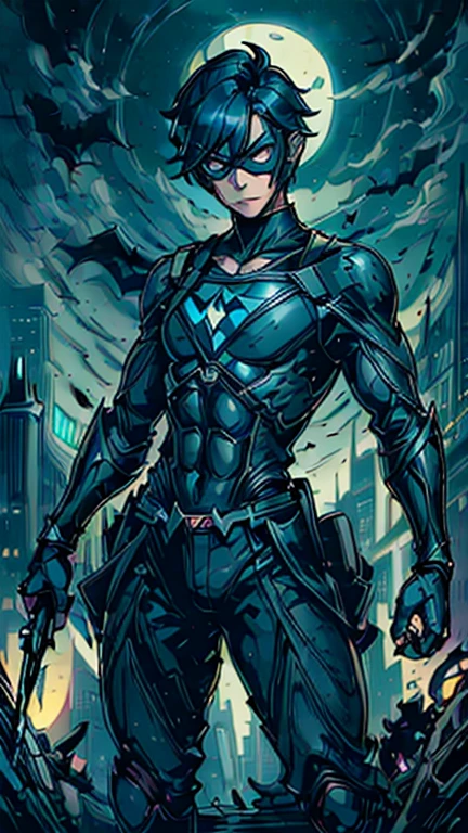 best quality,masterpiece,1boy,solo,(((13years old))),japanese boy,an extremely cute and handsome boy,highly detailed beautiful face and eyes,petit,cute face,lovely face,baby face,shy smile,show teeth,black hair,short hair,flat chest,skinny,slender(((wearing a Nightwing costume,black dominomask))),(((Heroic pose in Dark Midnight Fantasy style Gotham castle))),he is looking at the viewer,