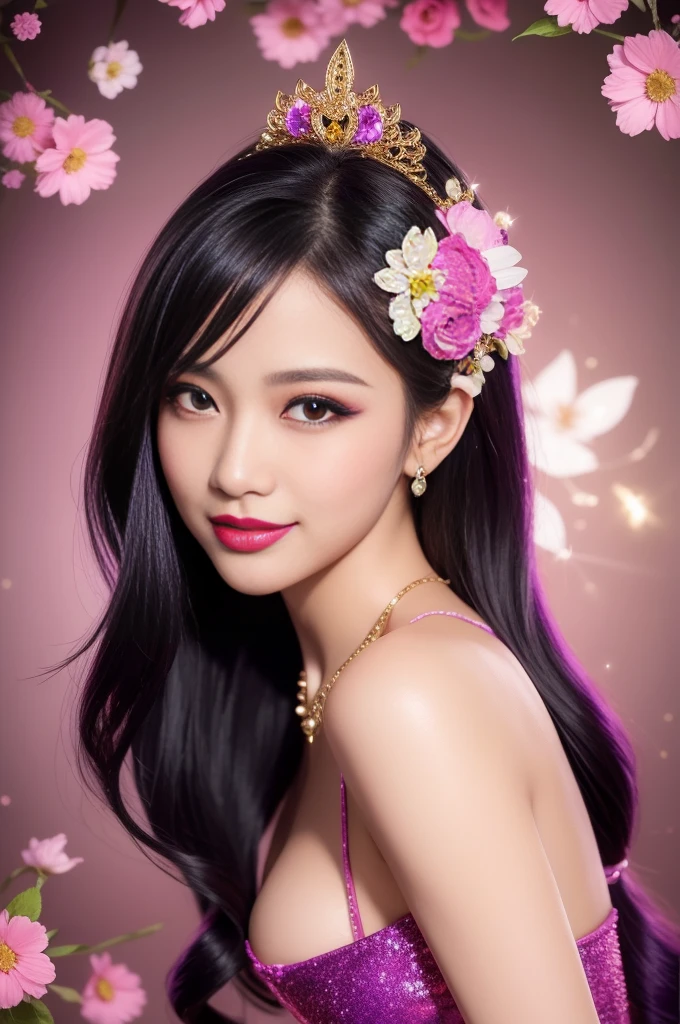 sexy Thai model who controls poison、beautiful smile、lip-gloss、bold lipstick、intense makeup、look at the camera、full body Esbian、、sparkling poisoned flower costume、、、、sparkling Colorful hair、secrete poison、skull hair accessories、sexy tights、shiny sparkling flowers background