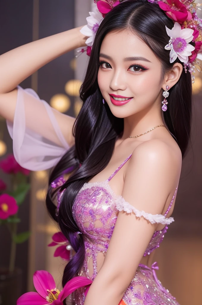 sexy Thai model who controls poison、beautiful smile、lip-gloss、bold lipstick、intense makeup、look at the camera、full body Esbian、、sparkling poisoned flower costume、、、、sparkling Colorful hair、secrete poison、skull hair accessories、sexy tights、shiny sparkling flowers background