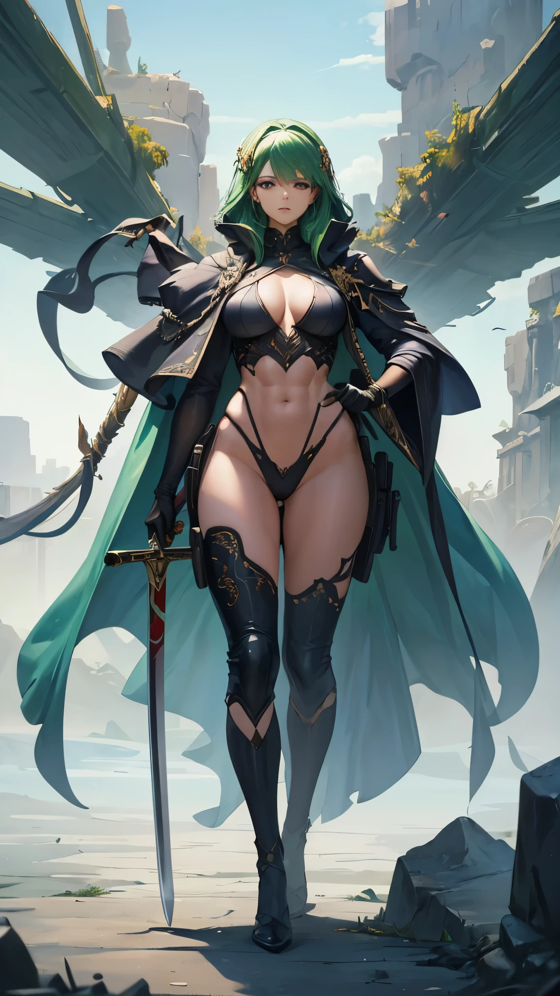 (masterpiece, 4K ,Super detailed:1.2), (anime:1), (Perfect quality), The whole body is shown, View Viewer, Holding a sword, Green Hair, Muscular female warrior, Muscular and ultra violent women, Powerfully々And, epic swordsman, RPG concept art character