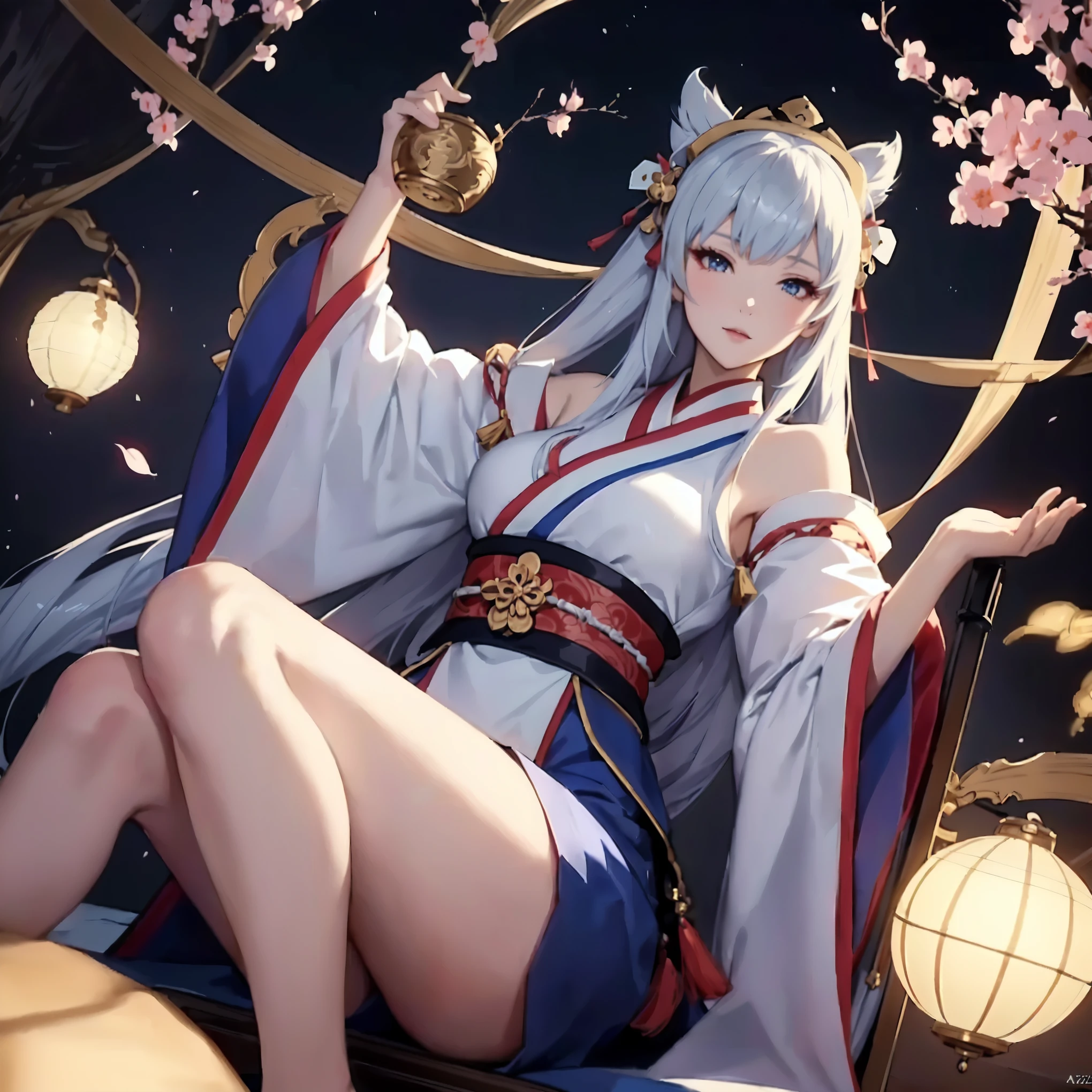 Anime girl in kimono sitting on the bed，Holding a lantern in hand, Onmyoji detailed art, Onmyoji, Onmyoji portrait, Popular on cgstation, Popular on artstation pixiv, best anime 4k konachan wallpaper, Keqing from genshin impact, Azur route style, From the Azur Lane video game