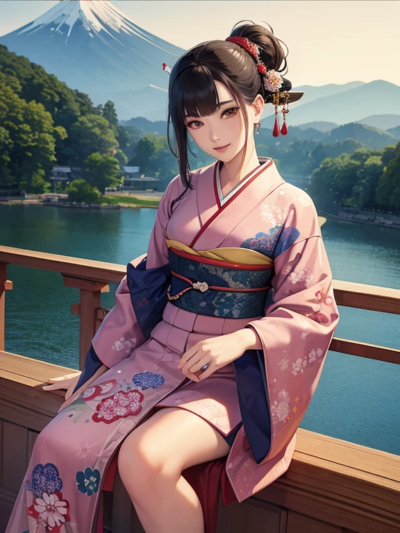 (Highest quality、masterpiece、High resolution、8K)、Vibrant colors、Ukiyo-e、Utamaro、Kimono Beauty、river、Mount Fuji in the distance、Japanese Landscape、Official Art、