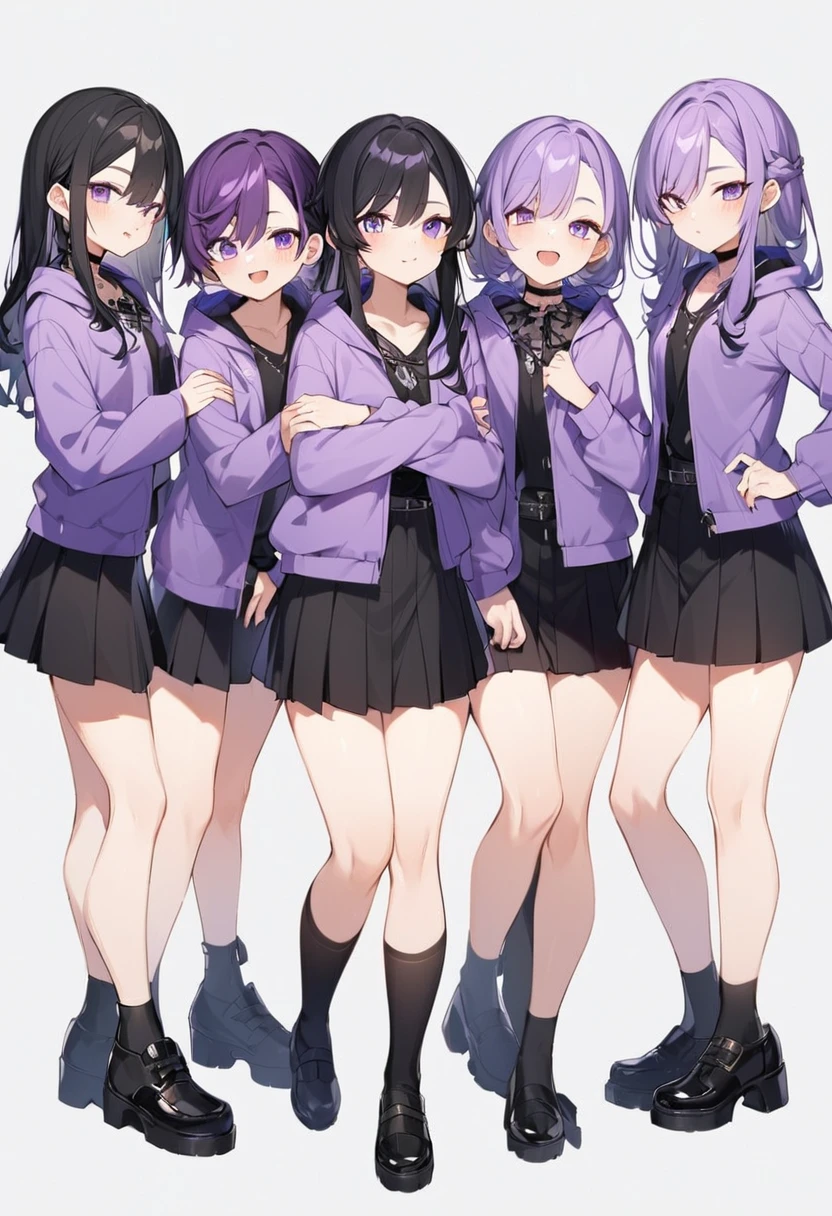 Keito。Purple hoodie。Black Skirt。Purple Eyes。Black Hair。Black shoes下。Black shoes。6 sisters。The eldest daughter has purple hair。all female。Sextuplets