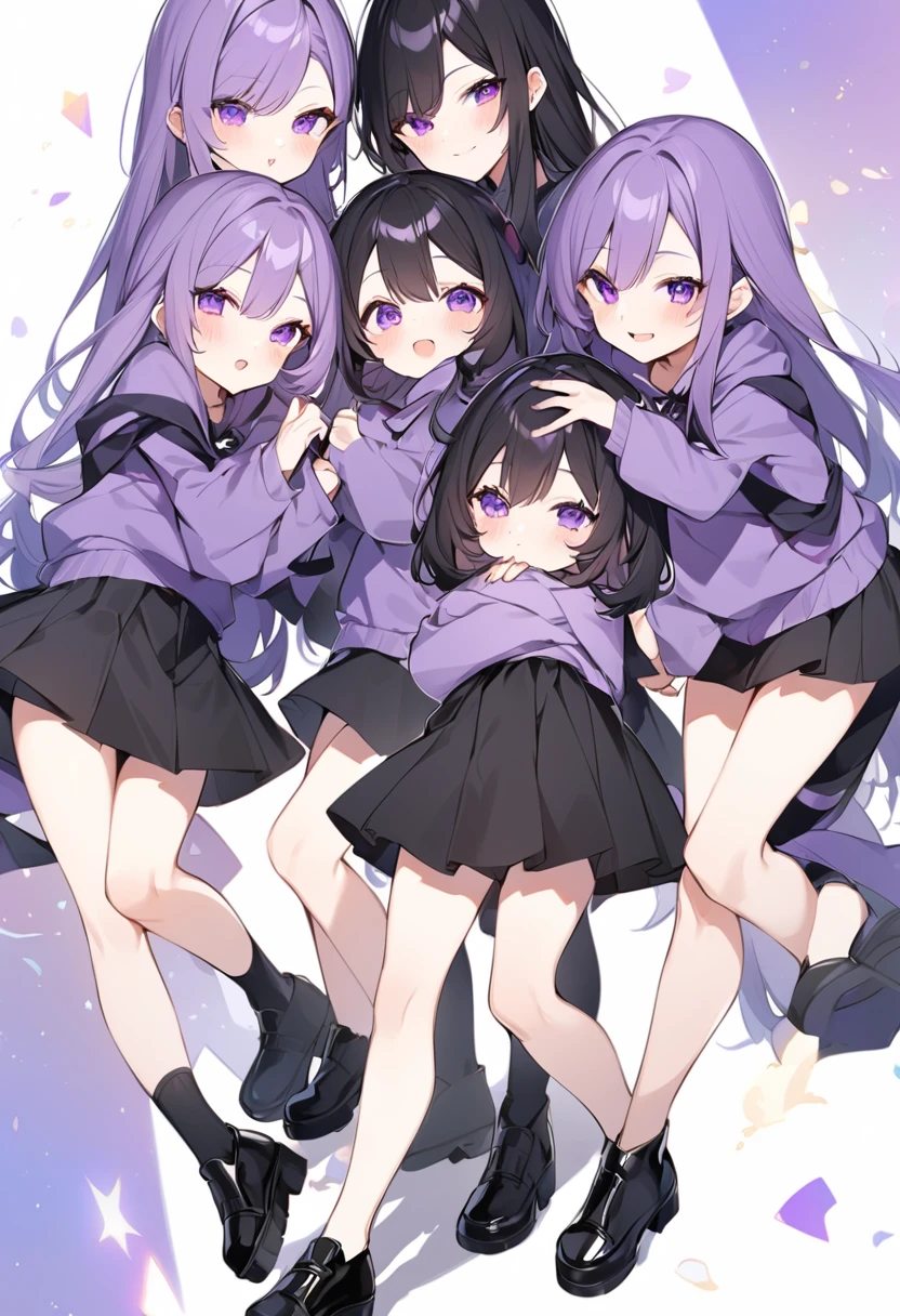 Keito。Purple hoodie。Black Skirt。Purple Eyes。Black Hair。Black shoes下。Black shoes。6 sisters。The eldest daughter has purple hair。all female。tuplets