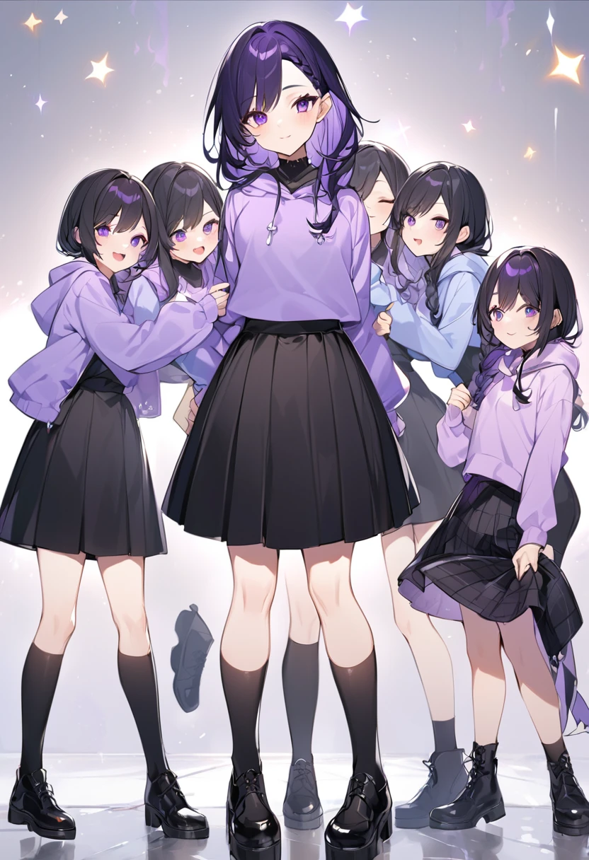 Keito。Purple hoodie。Black Skirt。Purple Eyes。Black Hair。Black shoes下。Black shoes。6 sisters。The eldest daughter has purple hair。all female。Sextuplets