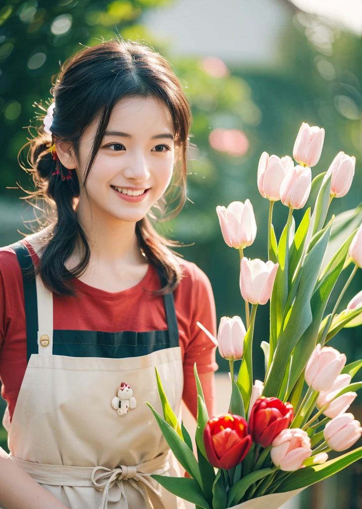 (Realistic, photo-Realistic:1.37),(8K, RAW Photos, Highest quality, masterpiece:1.2), cute, Ultra-detailed, 超High resolution, Kodak Vision Color, Filmed with an Arricam LT camera,Highest quality, Lively, 8K, High resolution, 1 girl, Escape, (Professional Lighting), (Portraiture:0.6), Black Hair, (Medium Hair),22 years old、loristさん、Wear an apron、Make a bouquet、Florist、Surrounded by lots of flowers、smile、Bun Head、Upper Bodylower Hair Ornaments、Watering the flowers、Tulips
