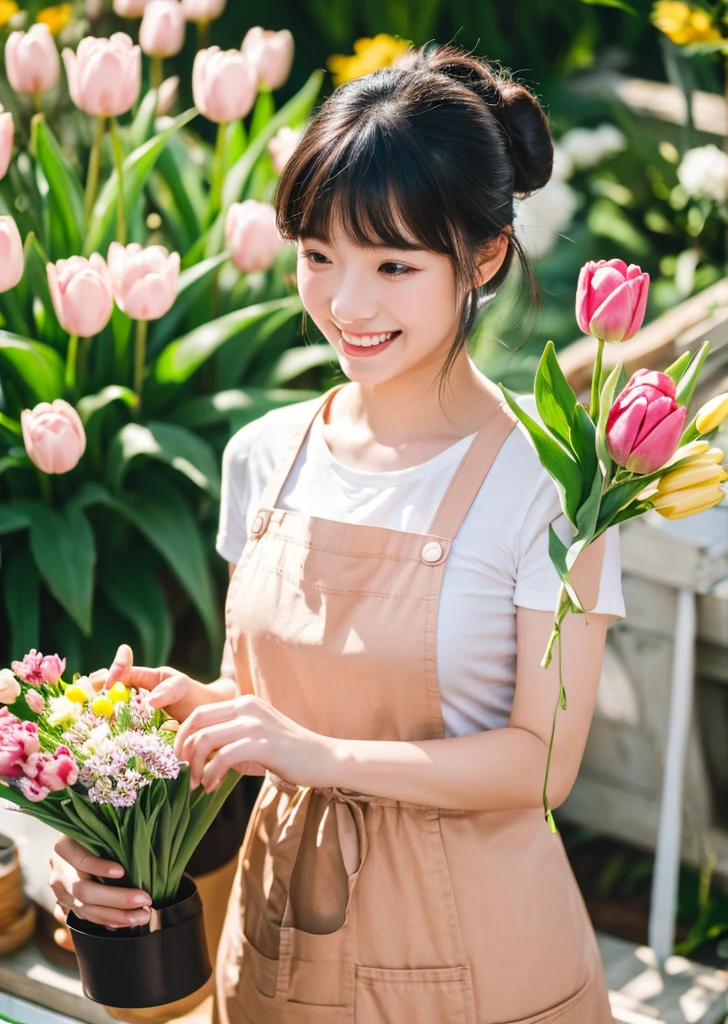 （Realistic, photo-Realistic:1.37),(8K, RAW Photos, Highest quality, masterpiece:1.2), cute, Ultra-detailed, 超High resolution, Kodak Vision Color, Filmed with an Arricam LT camera,Highest quality, Lively, 8K, High resolution, 1 girl, Escape, (Professional Lighting), (Portraiture:0.6), Black Hair, (Medium Hair）,22 years old、loristさん、Wear an apron、Make a bouquet、Florist、Surrounded by lots of flowers、smile、Bun Head、Upper Bodylower Hair Ornaments、Watering the flowers、Tulips