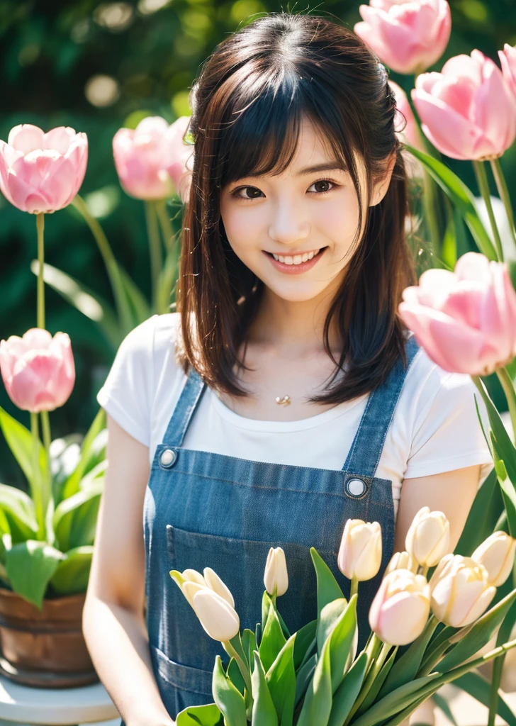 （Realistic, photo-Realistic:1.37),(8K, RAW Photos, Highest quality, masterpiece:1.2), cute, Ultra-detailed, 超High resolution, Kodak Vision Color, Filmed with an Arricam LT camera,Highest quality, Lively, 8K, High resolution, 1 girl, Escape, (Professional Lighting), (Portraiture:0.6), Black Hair, (Medium Hair）,22 years old、loristさん、Wear an apron、Make a bouquet、Florist、Surrounded by lots of flowers、smile、Bun Head、Upper Bodylower Hair Ornaments、Watering the flowers、Tulips