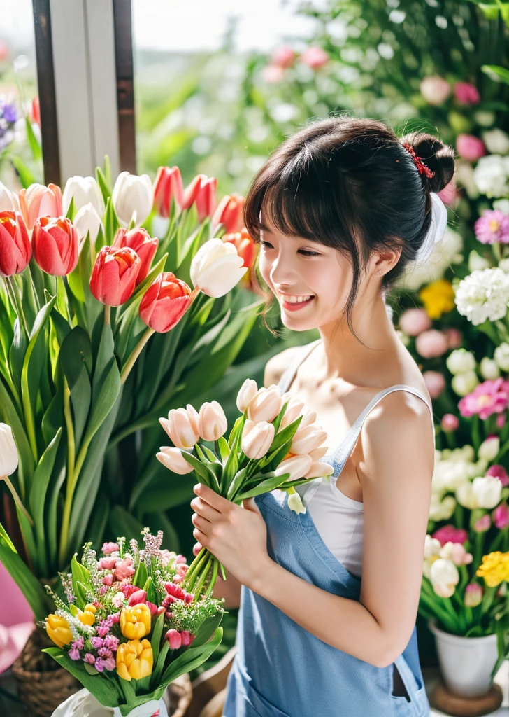 (Realistic, photo-Realistic:1.37),(8K, RAW Photos, Highest quality, masterpiece:1.2), cute, Ultra-detailed, 超High resolution, Kodak Vision Color, Filmed with an Arricam LT camera,Highest quality, Lively, 8K, High resolution, 1 girl, Escape, (Professional Lighting), (Portraiture:0.6), Black Hair, (Medium Hair),22 years old、loristさん、Wear an apron、Make a bouquet、Florist、Surrounded by lots of flowers、smile、Bun Head、Upper Bodylower Hair Ornaments、Watering the flowers、Tulips