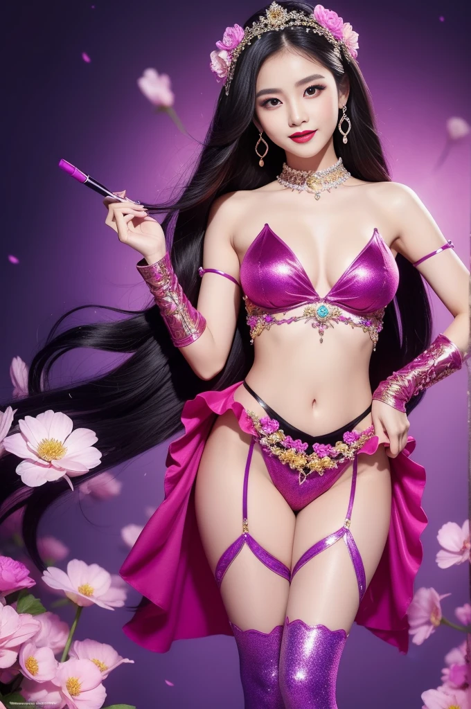 sexy Thai model who controls poison、beautiful smile、lip-gloss、bold lipstick、intense makeup、look at the camera、full body Esbian、、sparkling poisoned flower costume、、、、sparkling Colorful hair、secrete poison、skull hair accessories、sexy tights、shiny sparkling flowers background