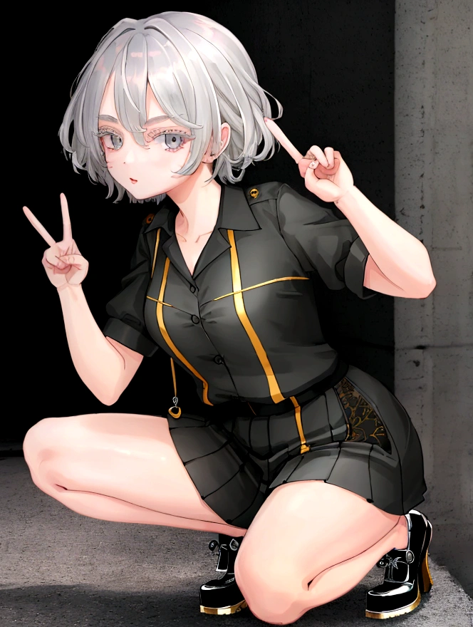 ((Highest quality)), ((masterpiece)), (detailed), One girl, sexy　short hair　squat　Extend your right hand and make a peace sign　Touch your ear with your left hand　Gray Hair