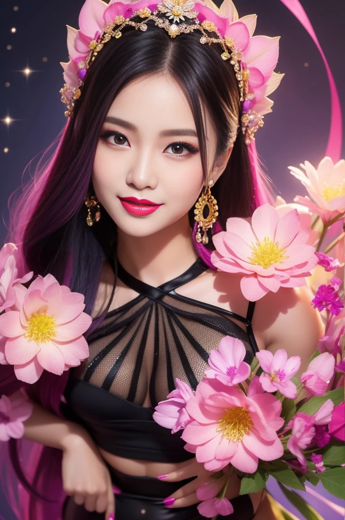 sexy Thai model who controls poison、beautiful smile、lip-gloss、bold lipstick、intense makeup、look at the camera、full body Esbian、、sparkling poisoned flower costume、、、、sparkling Colorful hair、secrete poison、skull hair accessories、sexy tights、shiny sparkling flowers background