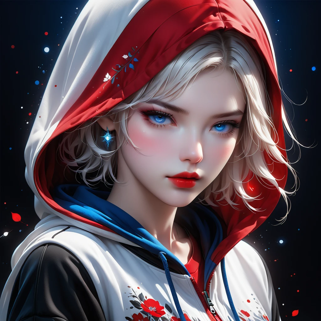 Ashhad style,Extremely detailed,high resolution,Intricate details,(best quality:1.2),(masterpiece:1.2),Extremely detailed CG unity 8k wallpaper,illustration,The original, Delicate face, 1 Girl,White short hair, blue eyes, Mature:1.2, Long red and black fabric hoodie , Black leggings, Red Hood:1.2, Red lips, Red makeup, White running shoes, White background