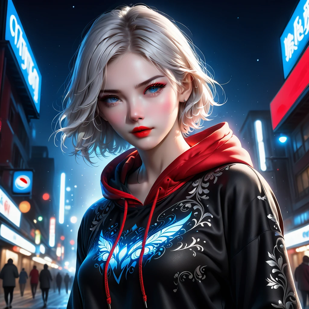 Ashhad style,Extremely detailed,high resolution,Intricate details,(best quality:1.2),(masterpiece:1.2),Extremely detailed CG unity 8k wallpaper,illustration,The original, Delicate face, 1 Girl,White short hair, blue eyes, Mature:1.2, Long red and black fabric hoodie , Black leggings, Red Hood:1.2, Red lips, Red makeup, White running shoes, White background