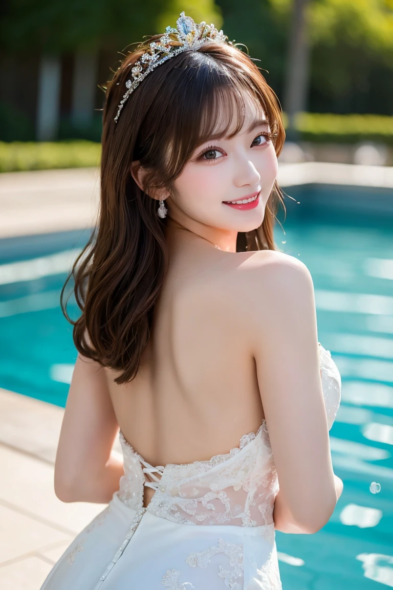 Outdoor swimming pool, Highest quality, shape, Very detailed, In detail, High resolution, 8k wallpaper, Perfect dynamic composition, Beautiful details,  Natural Lip, A gorgeous wedding dress and a tiara on her head , Big Breasts, Cleavage, She looks back and smiles.., A masterpiece of the whole body, 