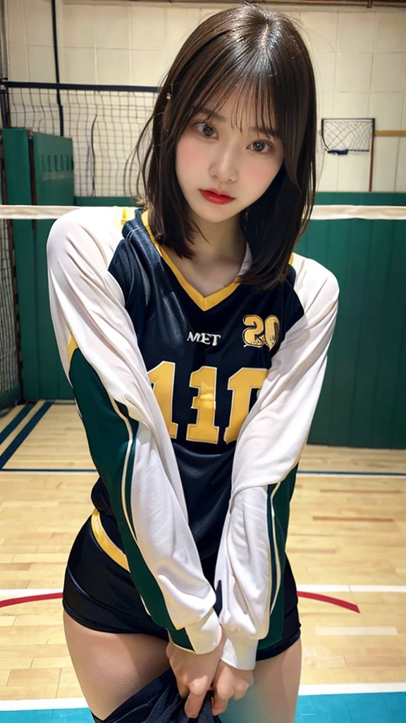 muste piece, best quality, illustration, Super detailed, fine details, High resolution, 8K,wall paper, perfect dynamic composition,(Details High quality, realistic depiction of eyes:1.3), (short hair volleyball player, Volleyball Uniforms), Tight clothes, locker room, (large breasts), black hair color, Big Natural Color Lip, bold sexy pose, (perfect body shape), Do gal makeup, sexy face, Harajuku style、20 year old girl、cute type、lolita、beautiful legs, hposing Gravure Idol, Voluptuous thighs