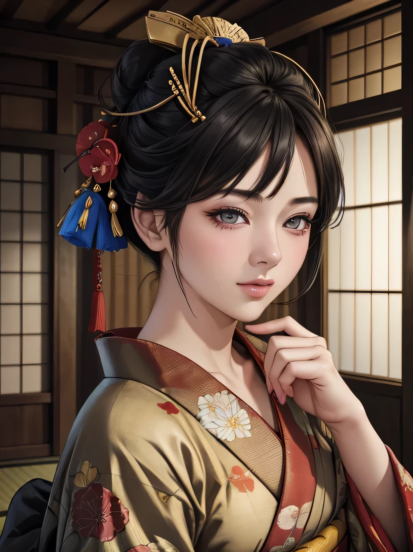((masterpiece、Highest quality、Very detailed、High resolution、Realistic、Sharp focus))、Mid Shot、Focus on the chest up、 One Girl、Oiran、Japan、short hair、((Beautiful dark eyes))、Black Hair、Blunt bangs、Updo、Chignon、hairpin、たくさんのhairpin、hair ornaments、kimono、kimono、Japanese paper background、Detailed depiction of the hand、Shoulder、View your viewers