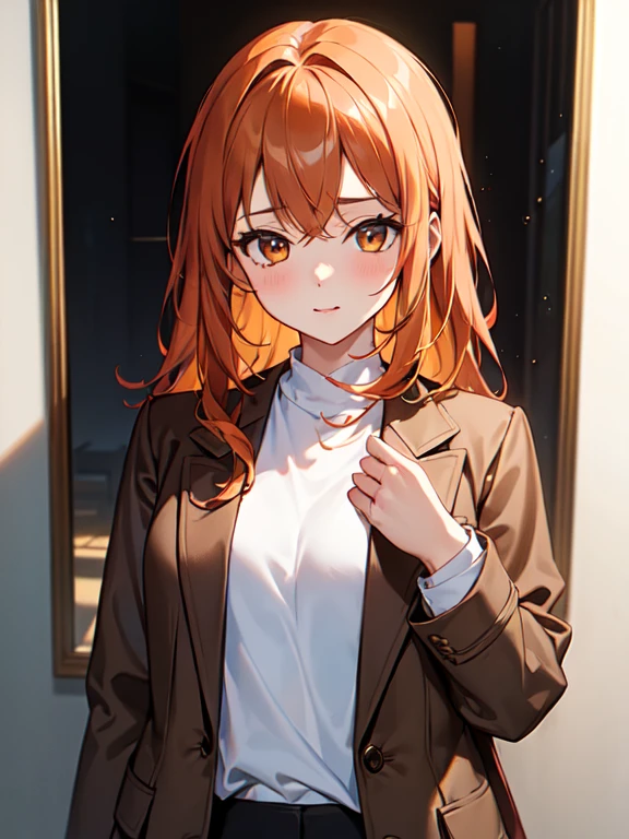(masterpiece:1.4), (Best quality:1.2), must sangah, 1 girl, White shirt, brown jacket, orange hair, upper body